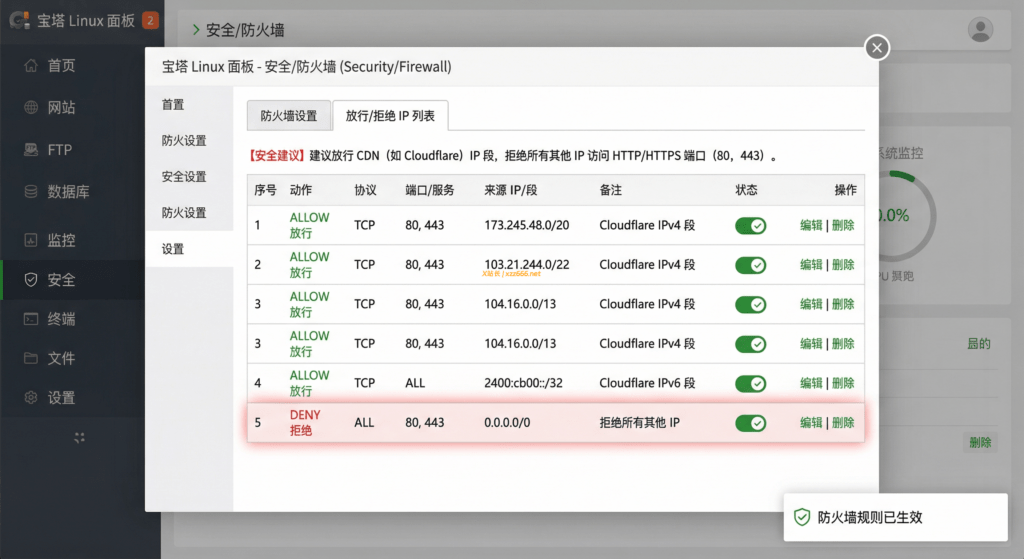 隐藏网站真实IP实战：宝塔面板防火墙仅放行Cloudflare节点访问设置